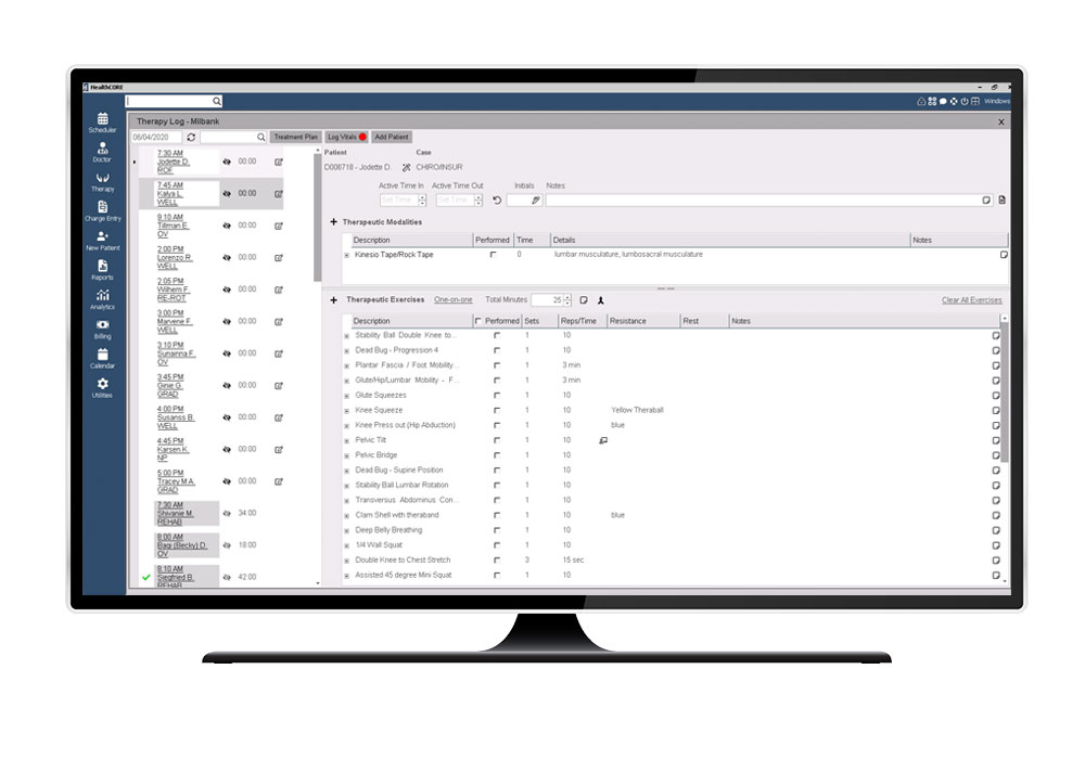 HealthCORE Screen Capture Therapy Log